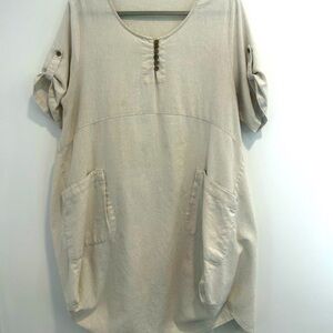 MINIBEE | Cotton Linen Blend Lagenlook Free-Size Dress with Exaggerated Pockets